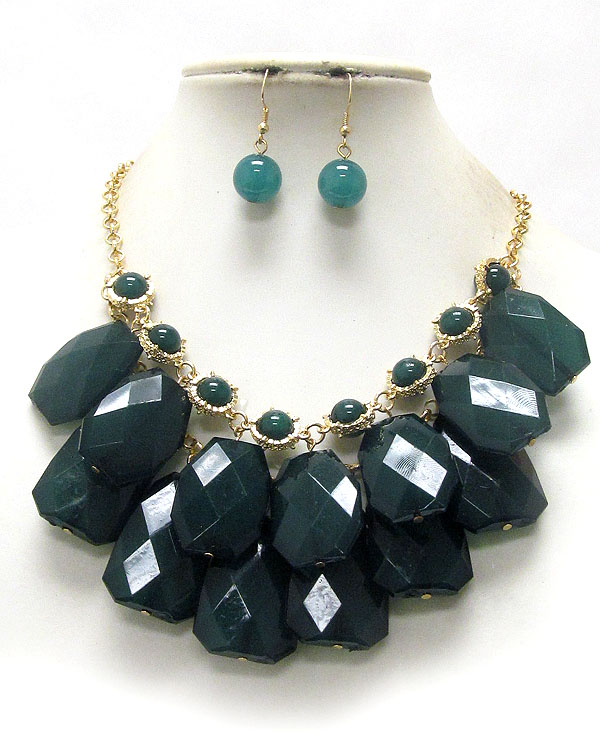 Multi facet acrylic stone dangle double layered necklace earring set