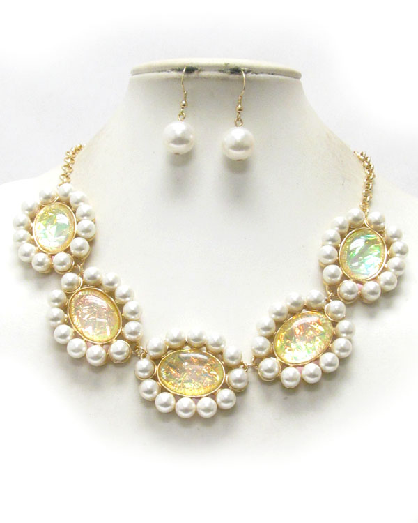 Abalone finish puffy oval stone and pearl deco flower link necklace earring set