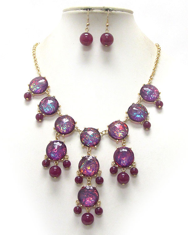 Abalone finish facet puffy acrylic stone link drop bubble necklace earring set