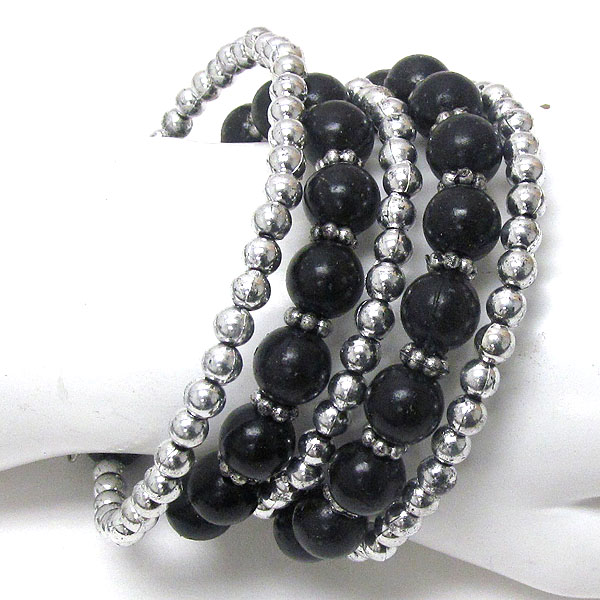 Multi pearl and metal ball link flexible coil bracelet