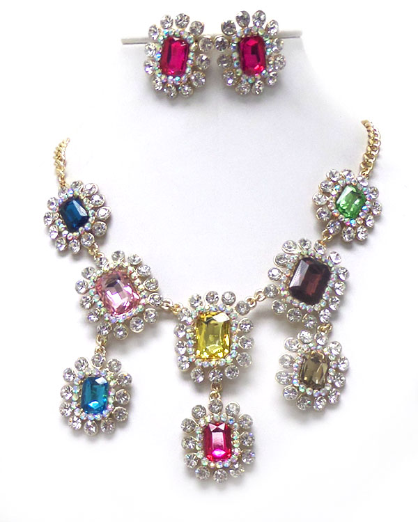 Luxury austrian crystal deco and facet glass drop party necklace earring set