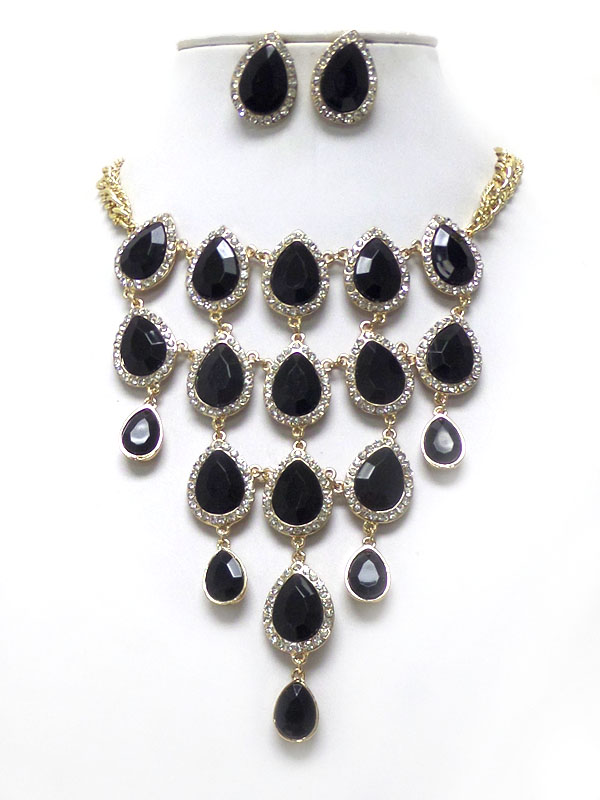Crystal and multi facet teardrop glass link deco necklace earring set