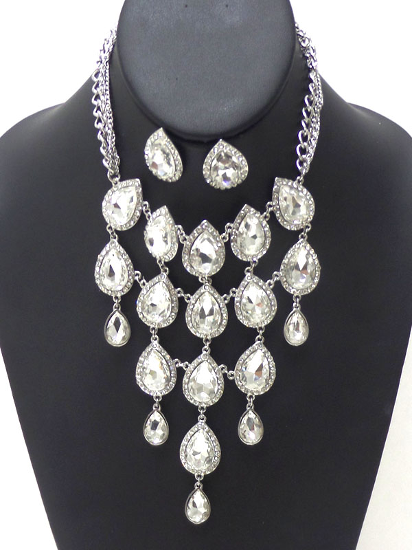 Crystal and multi facet teardrop glass link deco necklace earring set