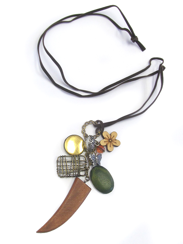 Multi wood horn and flower mix pendant long necklace