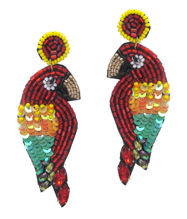 HANDMADE SEEDBEAD AND SEQUIN MIX TROPICAL BIRD EARRING - PARROT