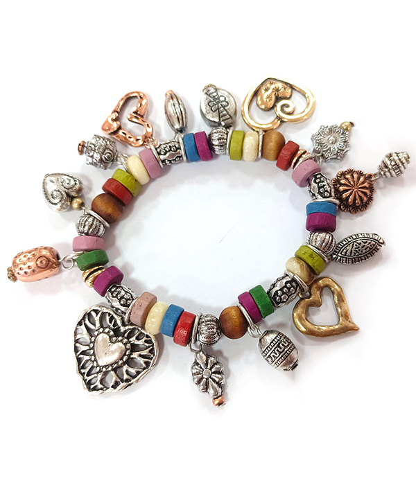 BOHO STYLE VINTAGE METAL MULTI MIX MATERIAL BEAD AND CHARM STRETCH BRACELET - HEART