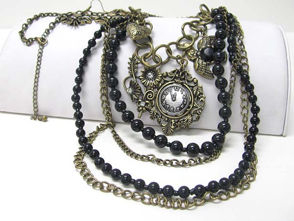 Multi row burnish metal chain and beads old clock pendant long necklace