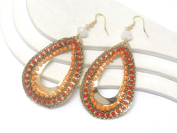 CRYSTAL GLASS DROP CUT OUT METAL FASHION TEAR DROP INSIDE CHAIN WITH ACRY CRYSTAL DROP EARRING