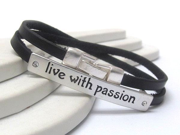 Synthetic leather coiled with crystal on message live with passion