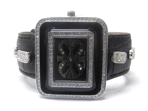 Crystal enamel art square case face and oval crystal metal on leather fashion band watch 