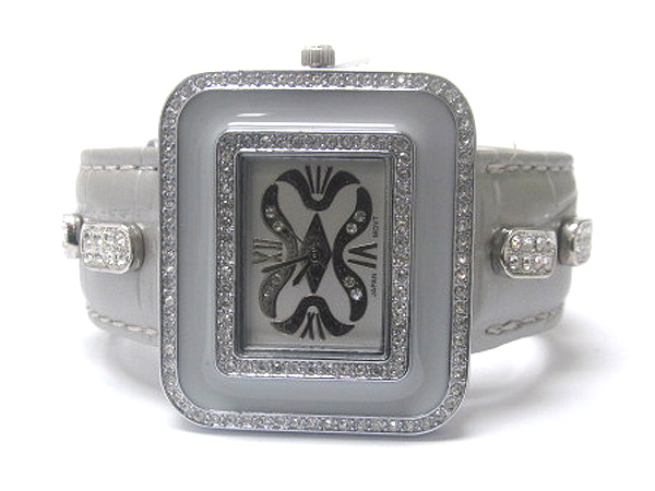 Crystal enamel art square case face and oval crystal metal on leather fashion band watch 