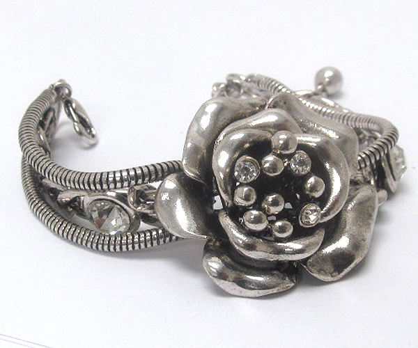 Crystal metal small balls on center hammered fashion flower crystal chain and snke chain bracelet