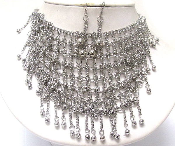Multi metal chain drop hangin metal balls fashion chain necklace earring set