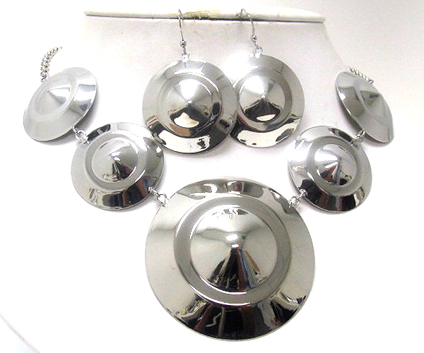 Architectural style plain five metal disk drop chain necklace earring set