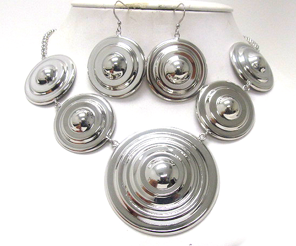 Architectural style five metal disk drop chain necklace earring set