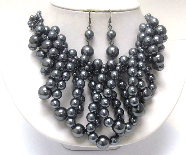 Multi pearls architectural style drop chain necklace earring set