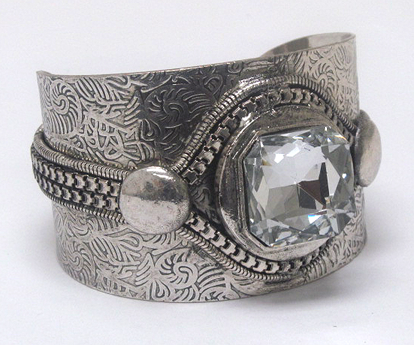 Crystal square center designer style printed leafs metal and snake chain on  hinge bangle