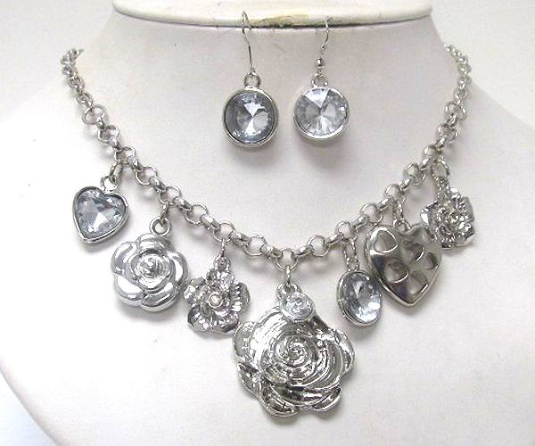 Designer style multi crystal heart and flower deco chain necklace earring set