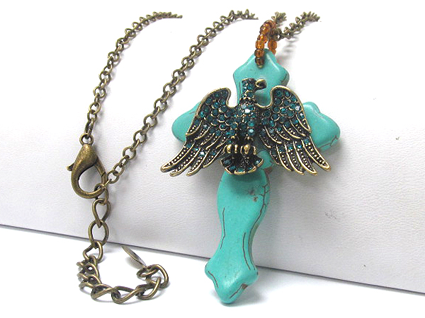 Crystal stud thunder bird on turquoise cross pendant long necklace 