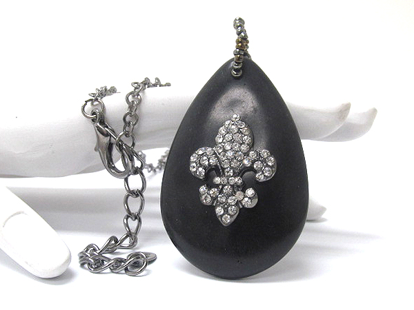 Crystal stud fluer de lis on tear drop stone pendant long necklace