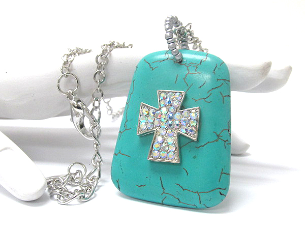 CRYSTAL STUD CROSS ON TURQUOISE PENDANT LONG NECKLACE