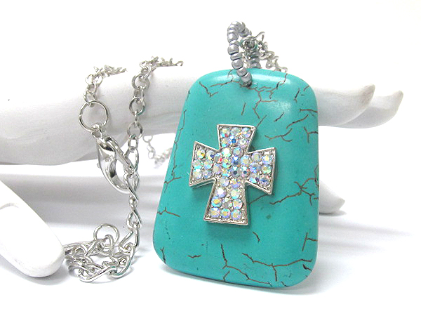 Crystal stud cross on turquoise pendant long necklace
