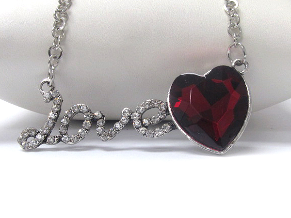 Crystal stud love and facet glass heart pendant necklace