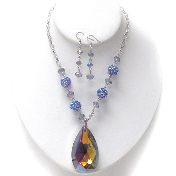 Tear drop glass pendant and fire ball link necklace earring set