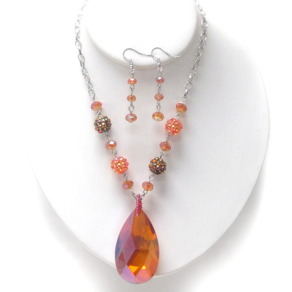 TEAR DROP GLASS PENDANT AND FIRE BALL LINK NECKLACE EARRING SET