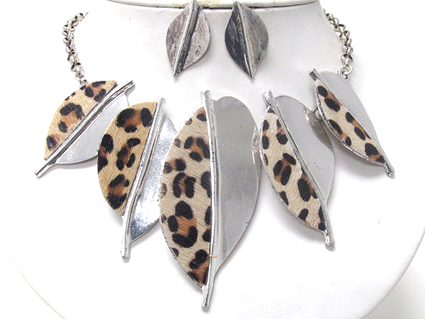 ANIMAL PRINT ON MULTI METAL FEATHER LINK NECKLACE EARRING SET