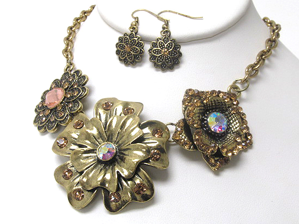 Crystal deco triple flower link necklace earring set