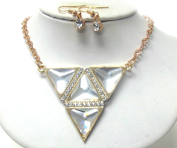 DESIGNER STYLE CRYSTAL AND GLASS DECO MULTI TRIANGULAR NECKLACE EARRING SET