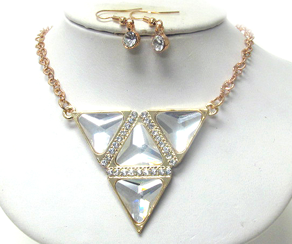 Designer style crystal and glass deco multi triangular necklace earring set