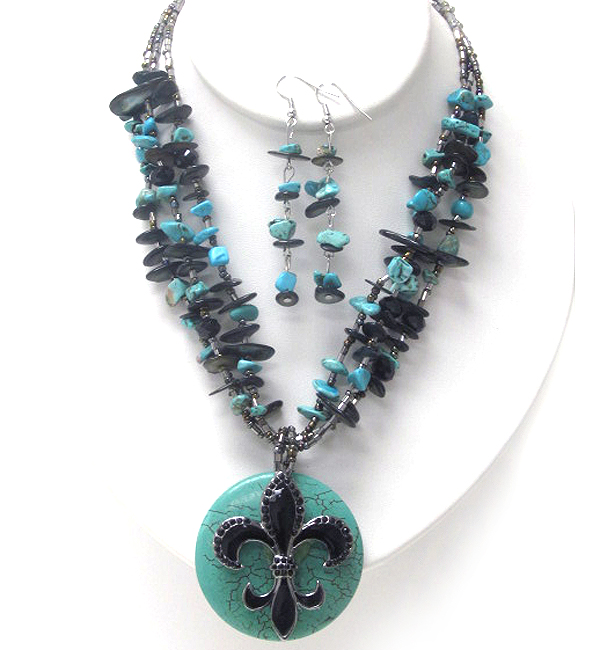 CRYSTAL AND EPOXY DECO FLUER DE LIS ON TURQUOISE PENDANT AND MULTI BEAD CHAIN NECKLACE EARRING SET