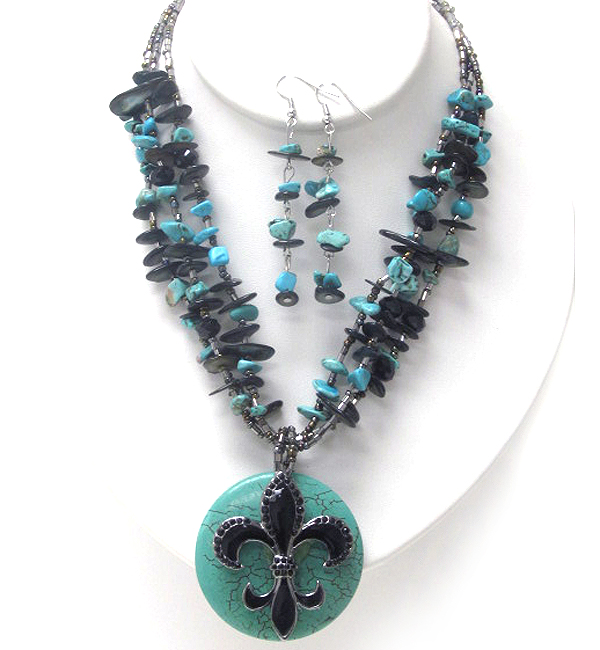 Crystal and epoxy deco fluer de lis on turquoise pendant and multi bead chain necklace earring set