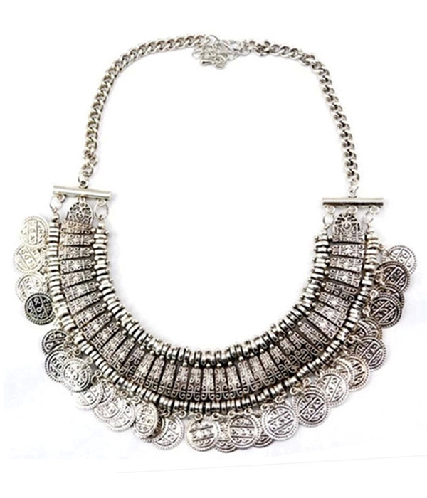 Metal coin drop bohemian bib necklace