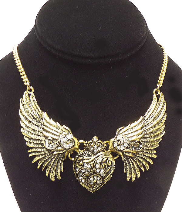 Vintage style crystal stud angel wing necklace