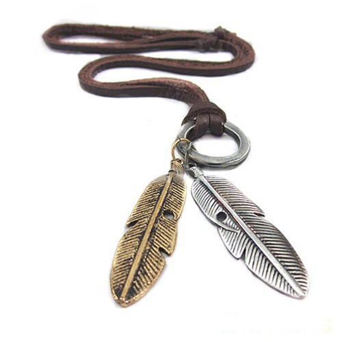 Dual metal feather charm leather long necklace