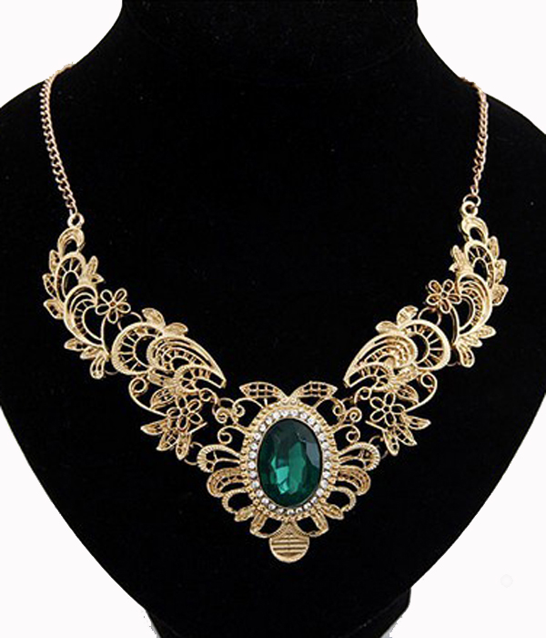 Metal filigree bib necklace with stone