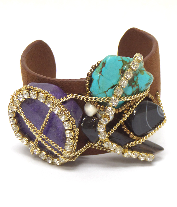 Semi precious stone art mix and brass bangle bracelet