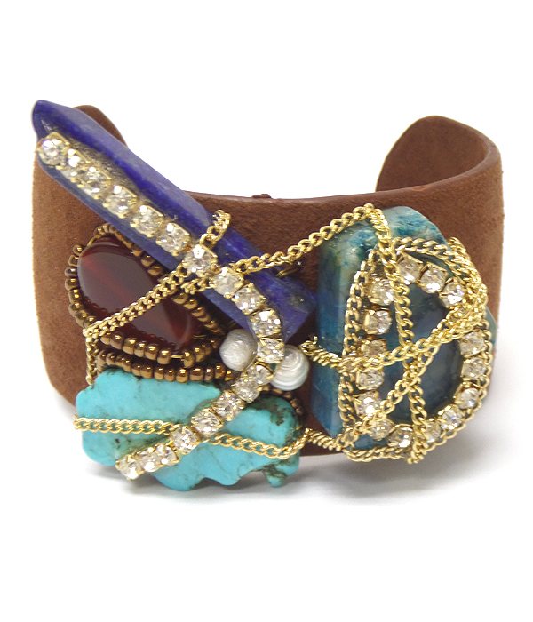 Semi precious stone art mix and brass bangle bracelet