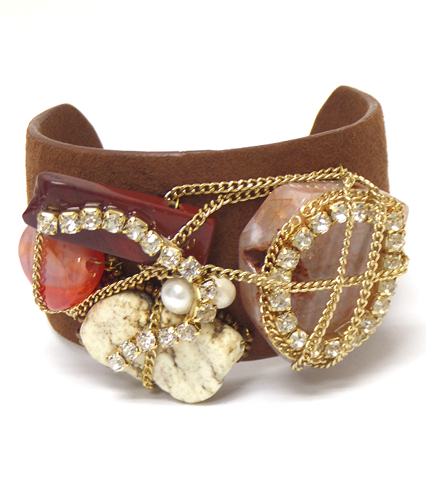 Semi precious stone art mix and brass bangle bracelet