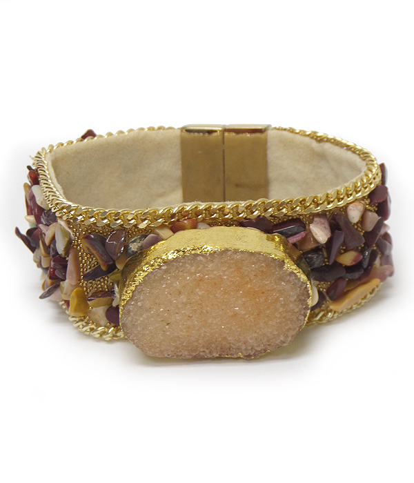 Druzy and side gold plated stone and multi chip stone magnetic bracelet