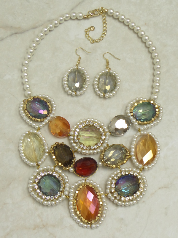 Boutique luxury multi facet stone and pearl deco necklace set