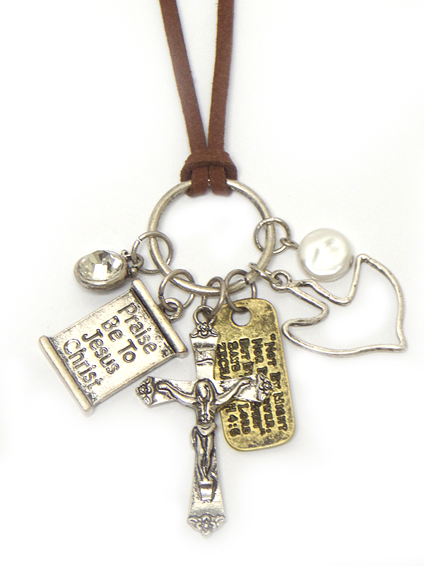 Religious theme cross and message tag mix long leatherette chain necklace - praise be to jesus christ
