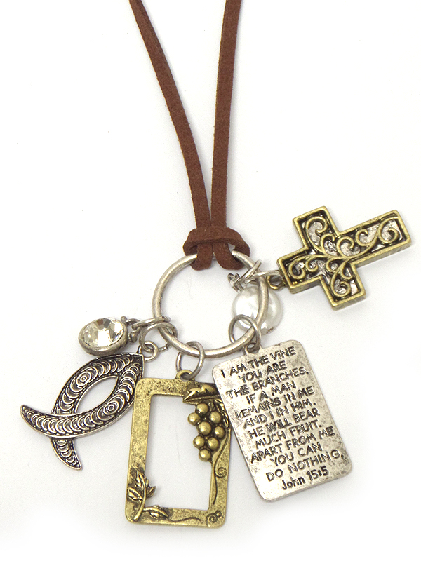 Religious theme cross and message tag mix long leatherette chain necklace - john 15:5