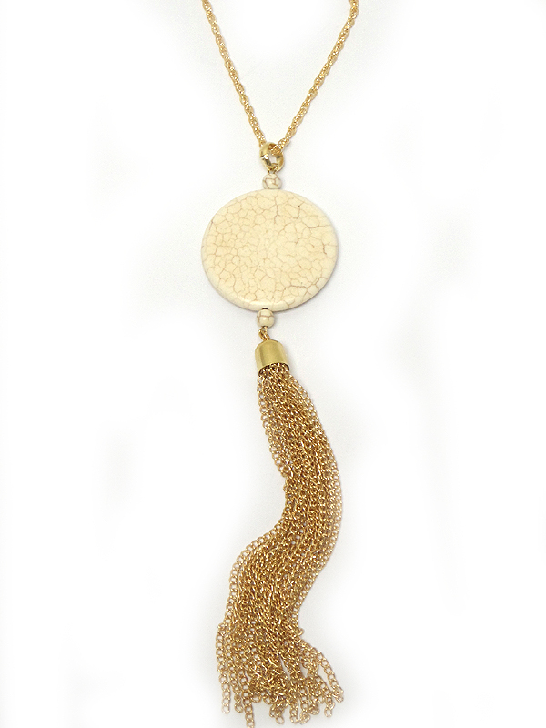 Disk stone and tassel drop long necklace