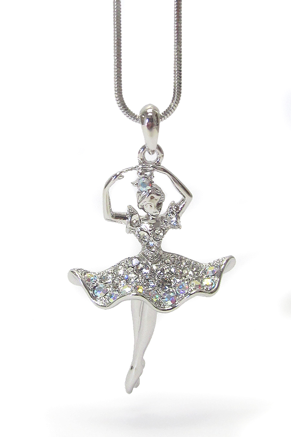 WHITEGOLD PLATING CRYSTAL BALLET THEME PENDANT NECKLACE