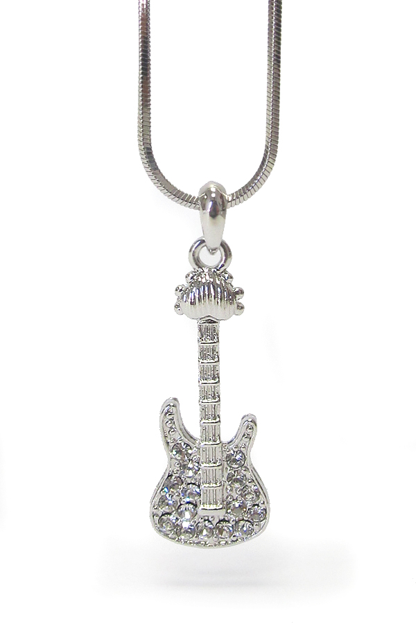 WHITEGOLD PLATING CRYSTAL MUSIC THEME GUITAR PENDANT NECKLACE