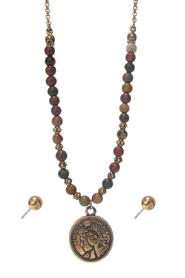 Coin pendant and semi precious stone chain necklace set